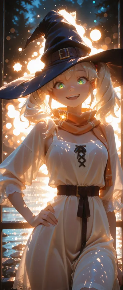 Fondo de pantalla de bruja anime con destellos mágicos